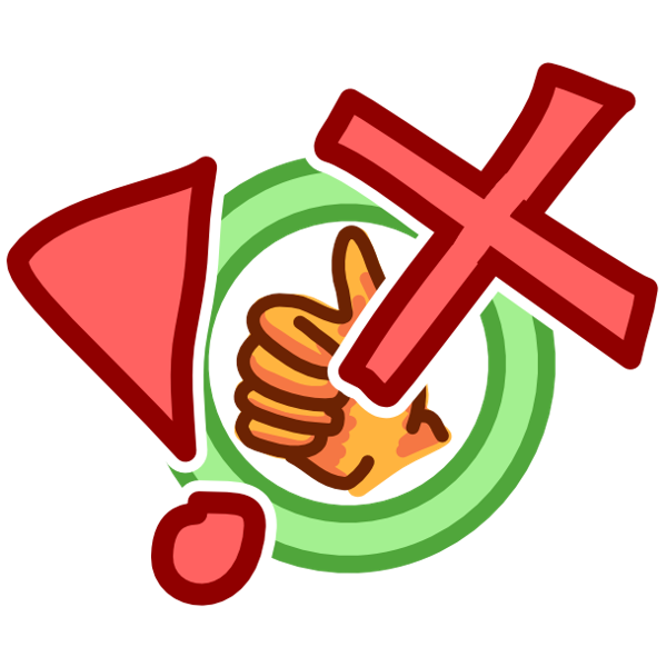 An image with dark line art shows a green circle sitting around a yellow thumbs up. On top of it is a big red exclamation point next to a big red X. The exclamation point and the X have white echos around their dark outlines. 